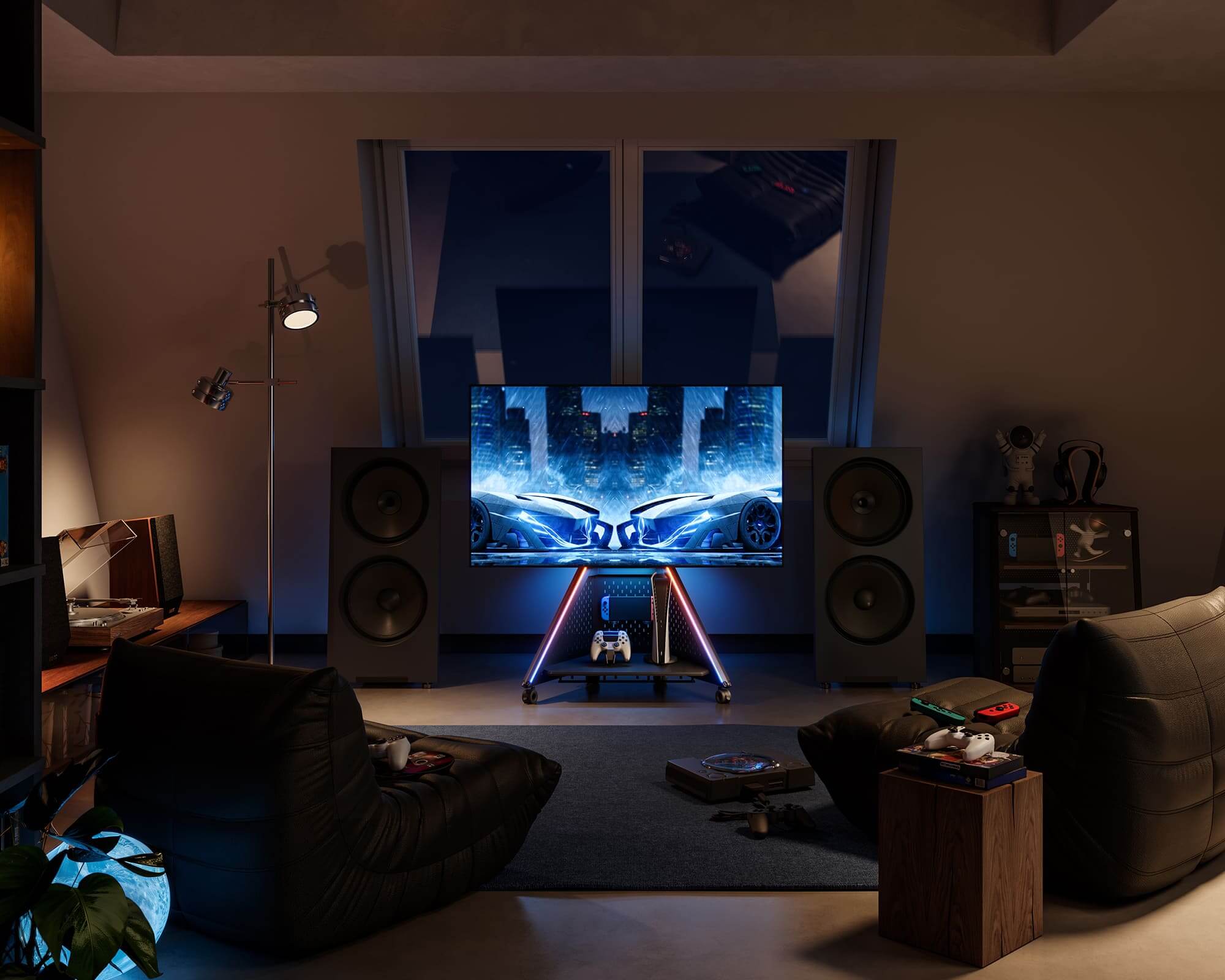 Tv-standaard voor tv's van 32–65 inch in de zolder-speelkamer, stevig ontwerp met wieltjes