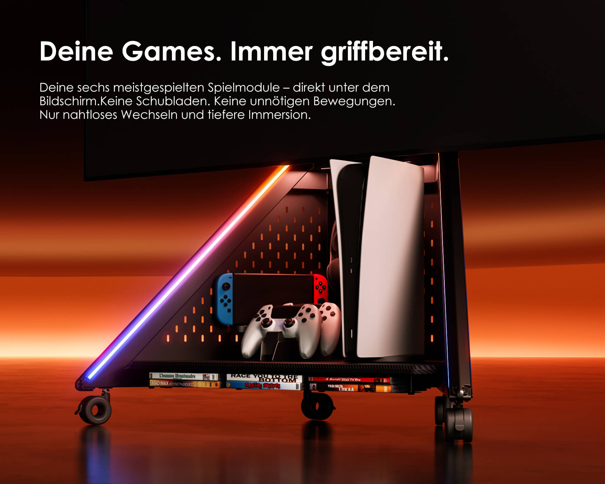 TV-standaard met wieltjes en opbergruimte voor cassettebandjes in de voet, uitbreidbare opbouw