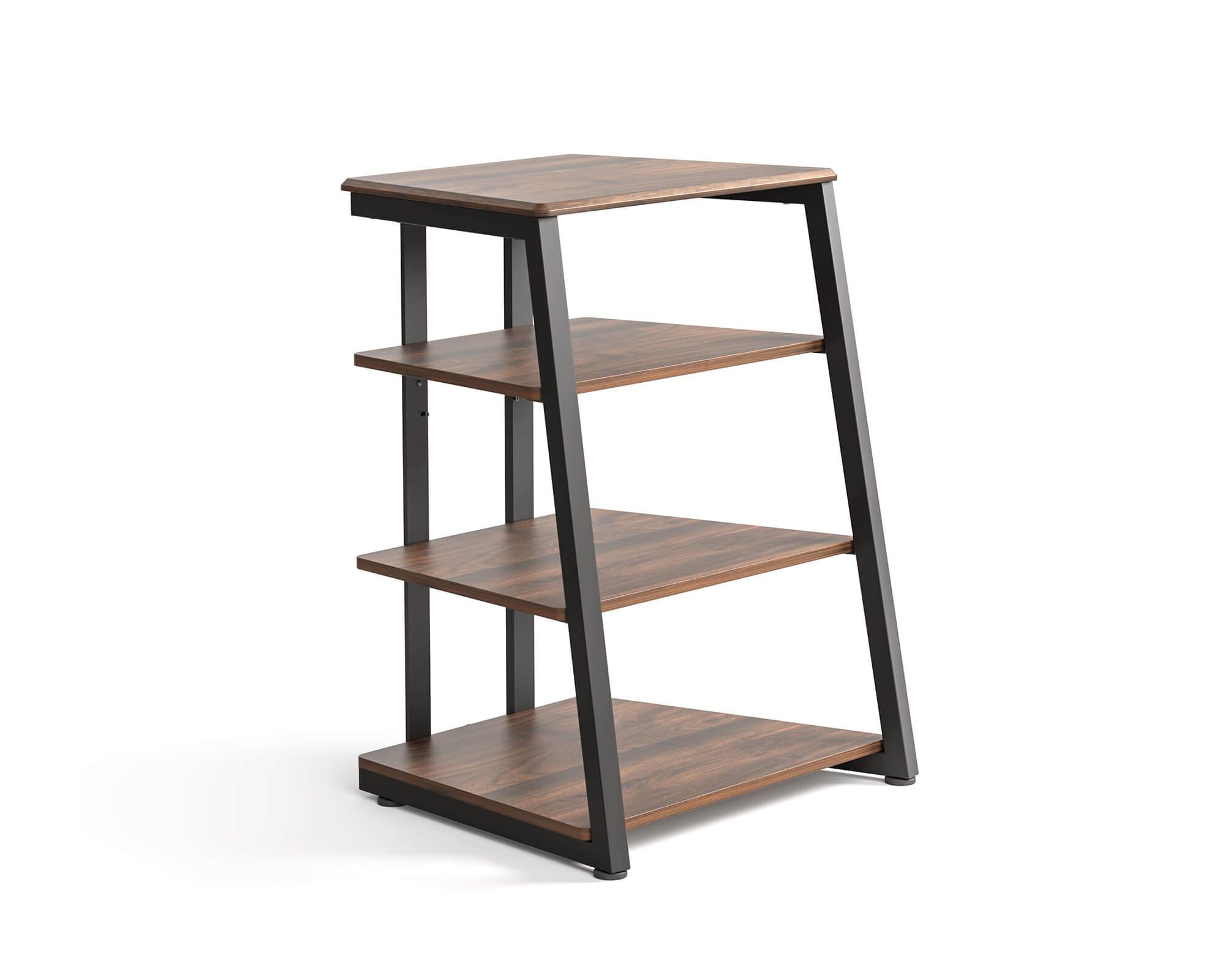 Multi-tier HiFi equipment rack with open shelves for amplifiers, turntables, and audio accessories.