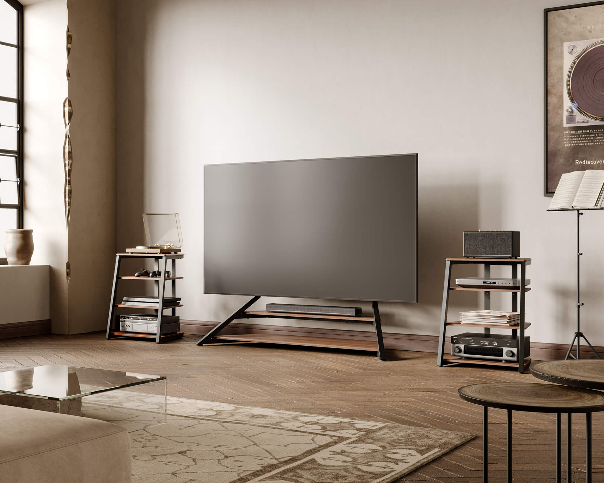 HiFi rack in the living room with turntable, amplifier, and speakers, harmoniously integrated into a modern living environment.