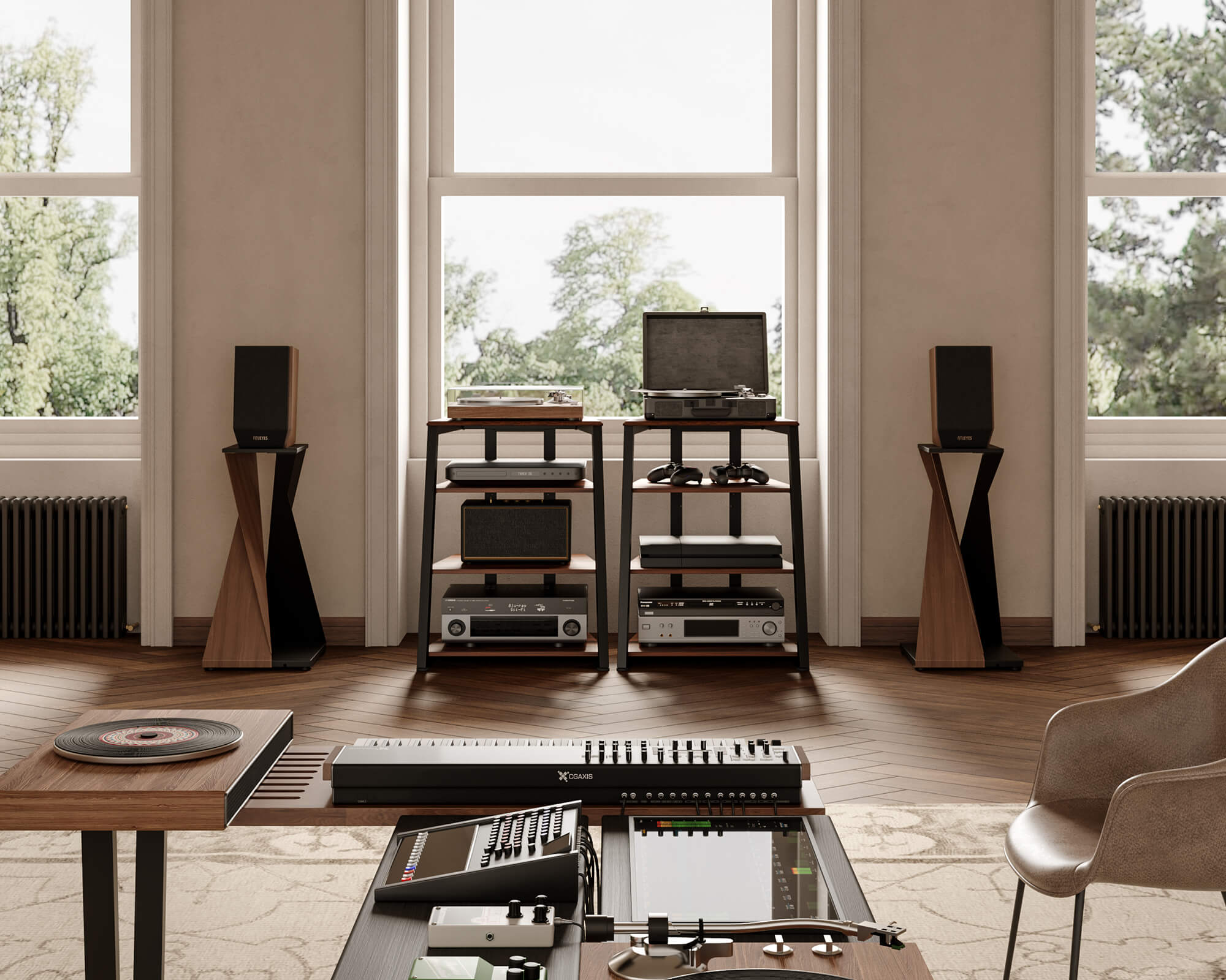 HiFi Audio Rack im Musikzimmer zur professionellen Organisation von Audiogeräten und Zubehör.