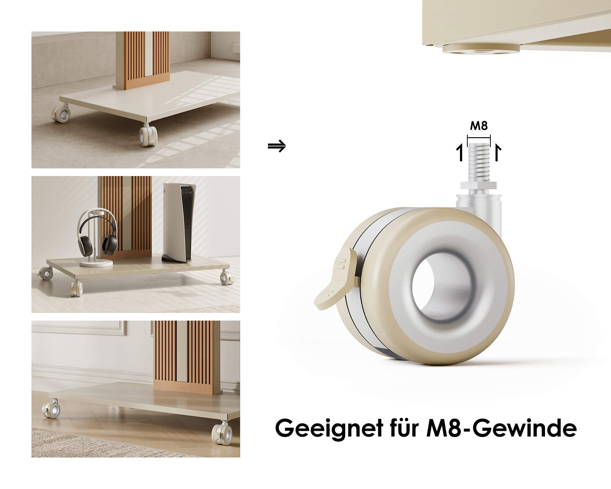 Roulettes universelles avec frein pour parquet en bois (4 pièces)