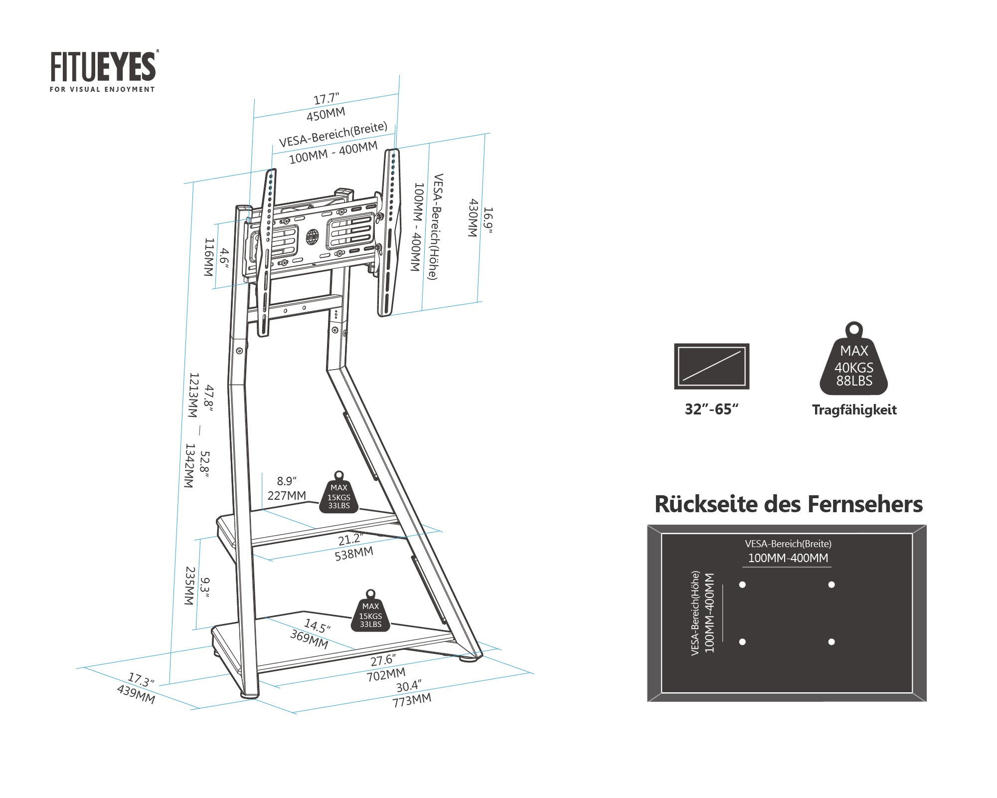 Maßblatt für Eiffel FT65 TV-Ständer mit Rollen