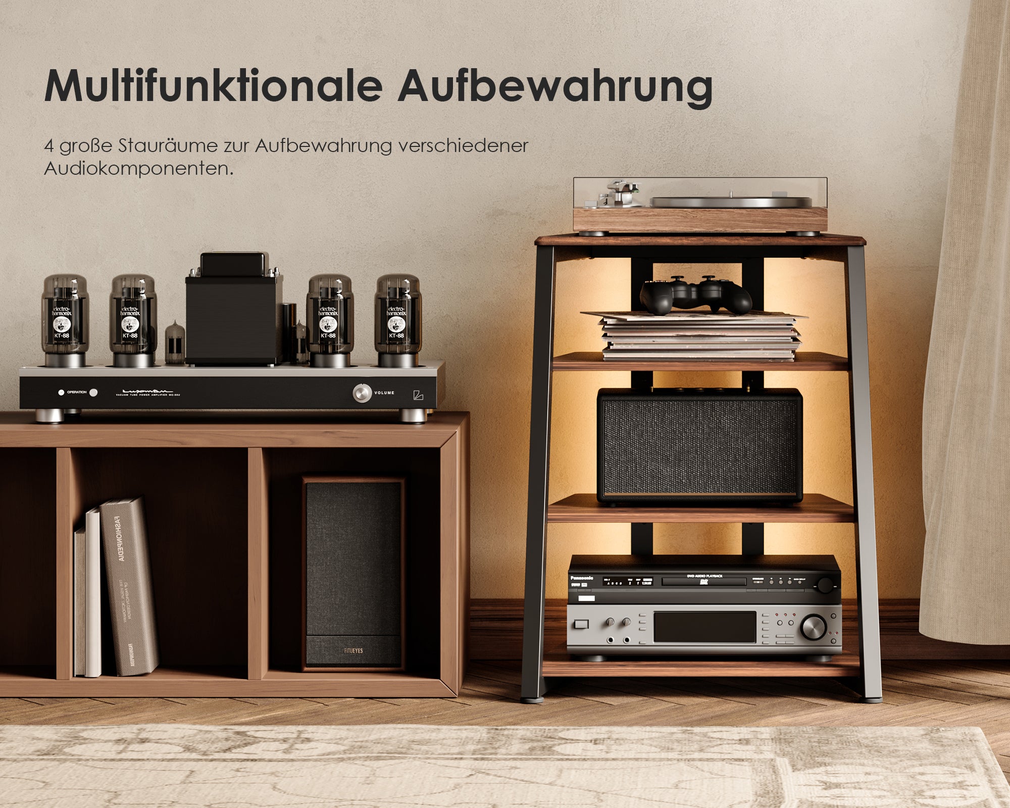 Audio Rack mit vier Ebenen und reichlich Stauraum