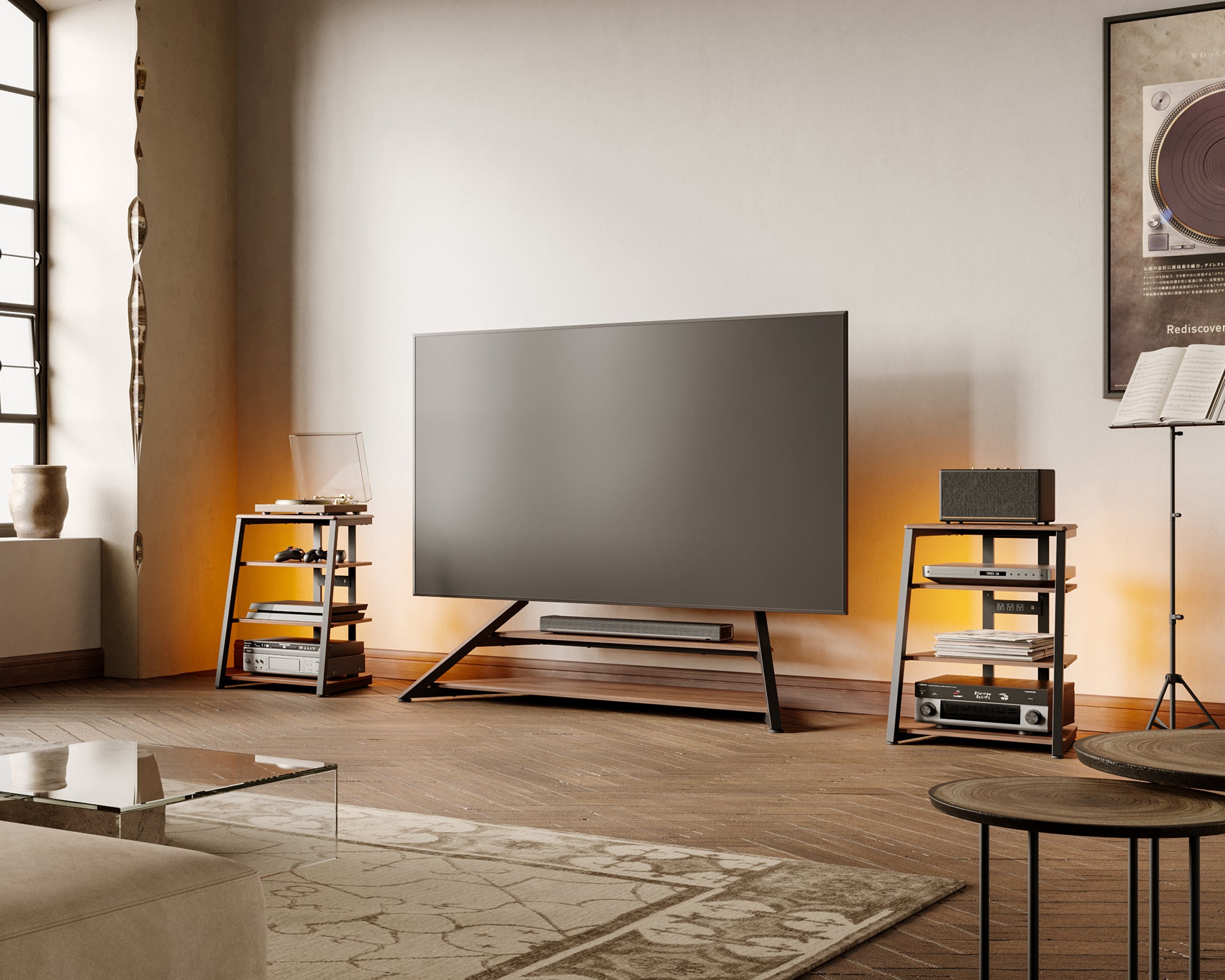 LED Audio Rack im Wohnzimmer mit Eiffel TV Ständer