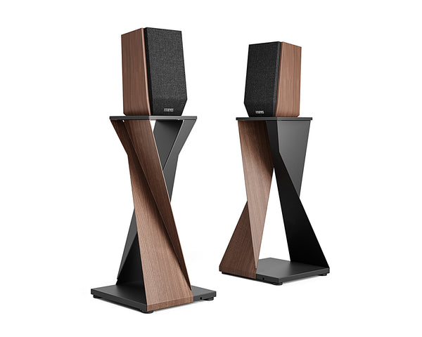 FITUEYES Eiffel speaker stands with black metal and wood grain