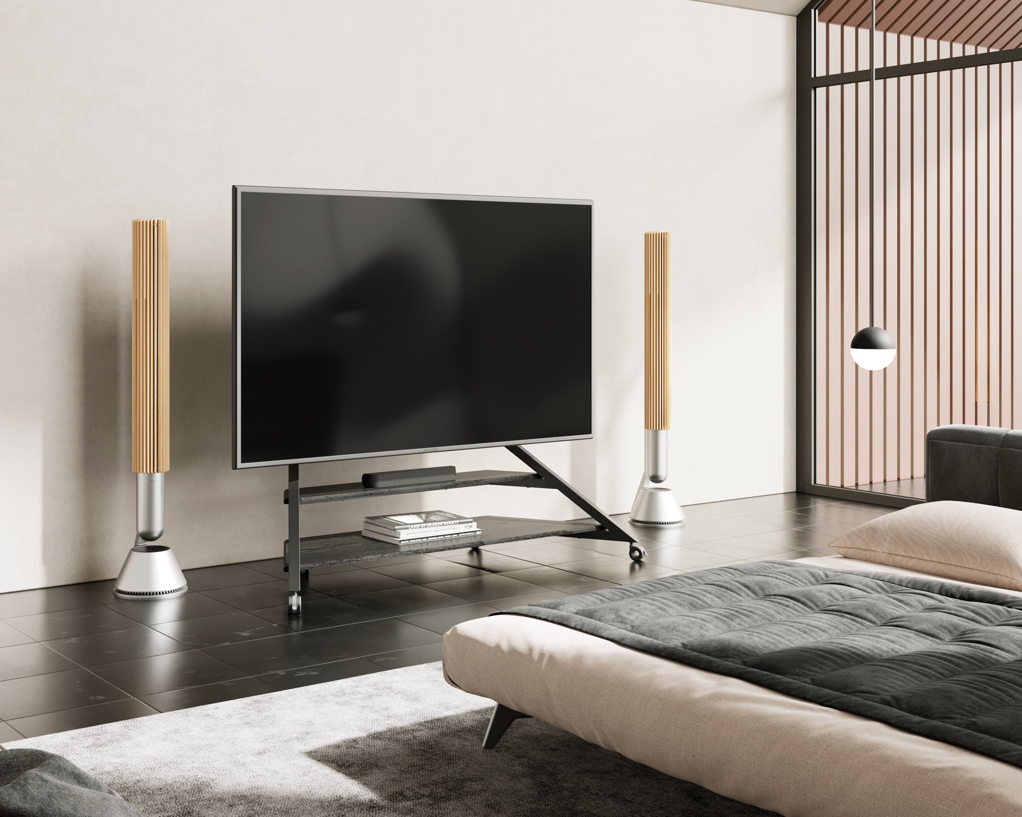 Großer TV-Ständer mit Rollen in einem modernen Schlafzimmer oder Wohnbereich