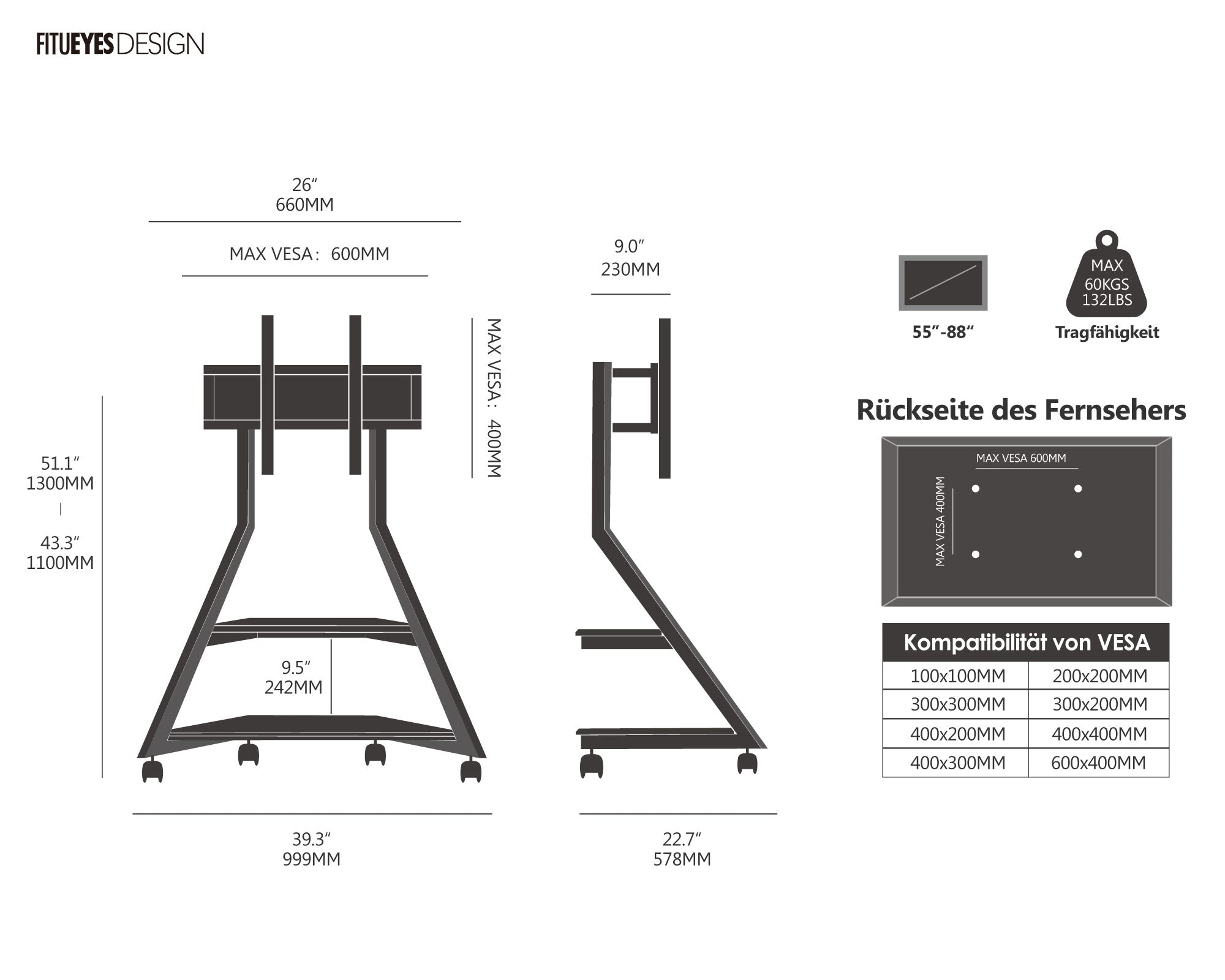 Eiffel support TV mobile 55-88 pouces dessins techniques