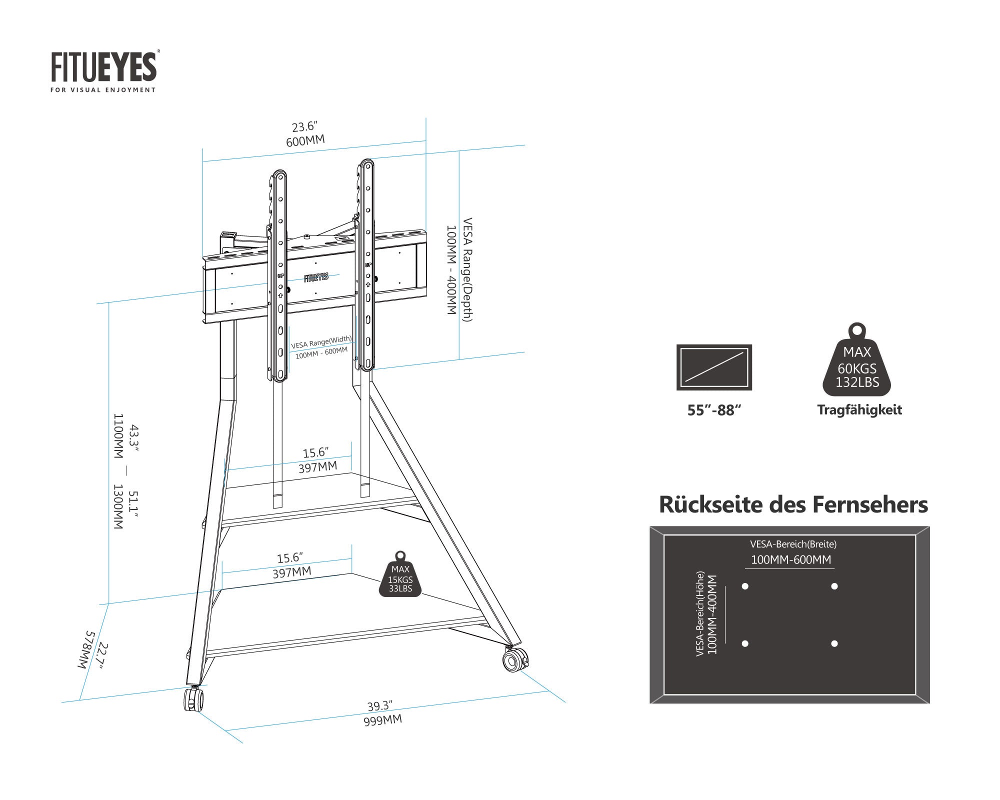 55-88 inch TV floor stand technical drawings with dimensions and compatibility