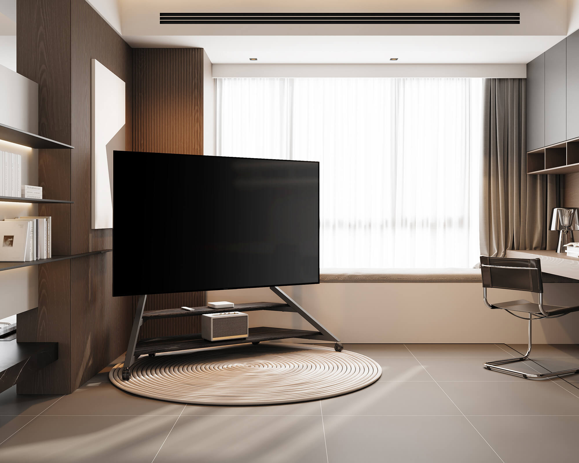 Modern TV stand on wheels in the corner of the study