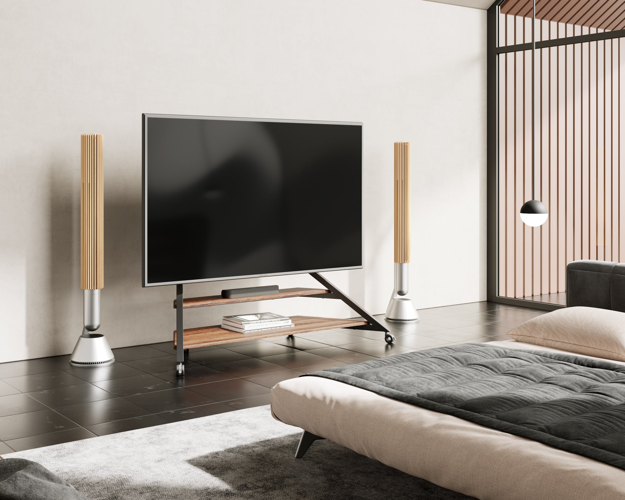 Rollbarer TV-Ständer mit Massivholzablage – ideal für das Schlafzimmer