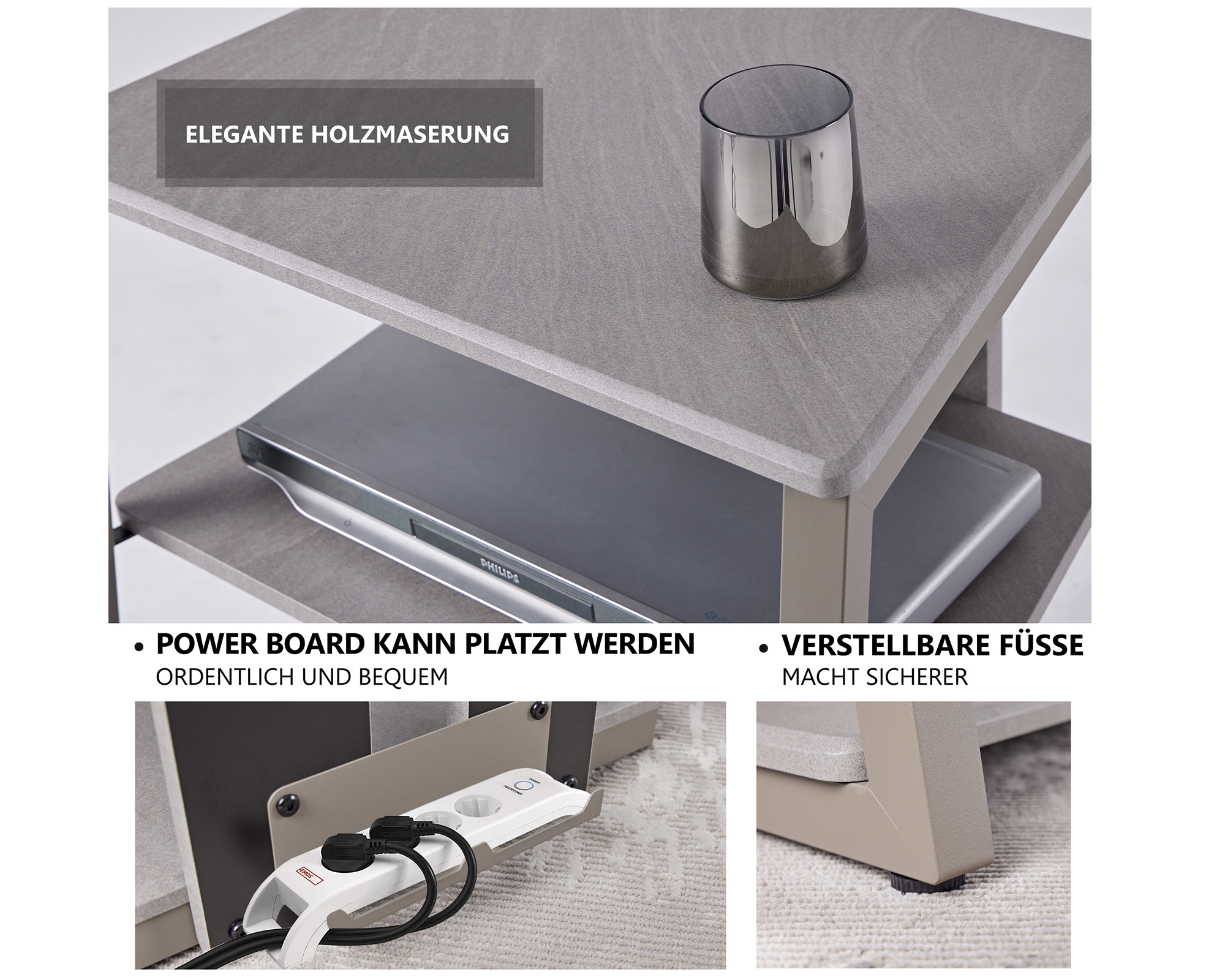 Kamelfarbenes Audio-Rack mit soliden Füßen, Kabelmanagement