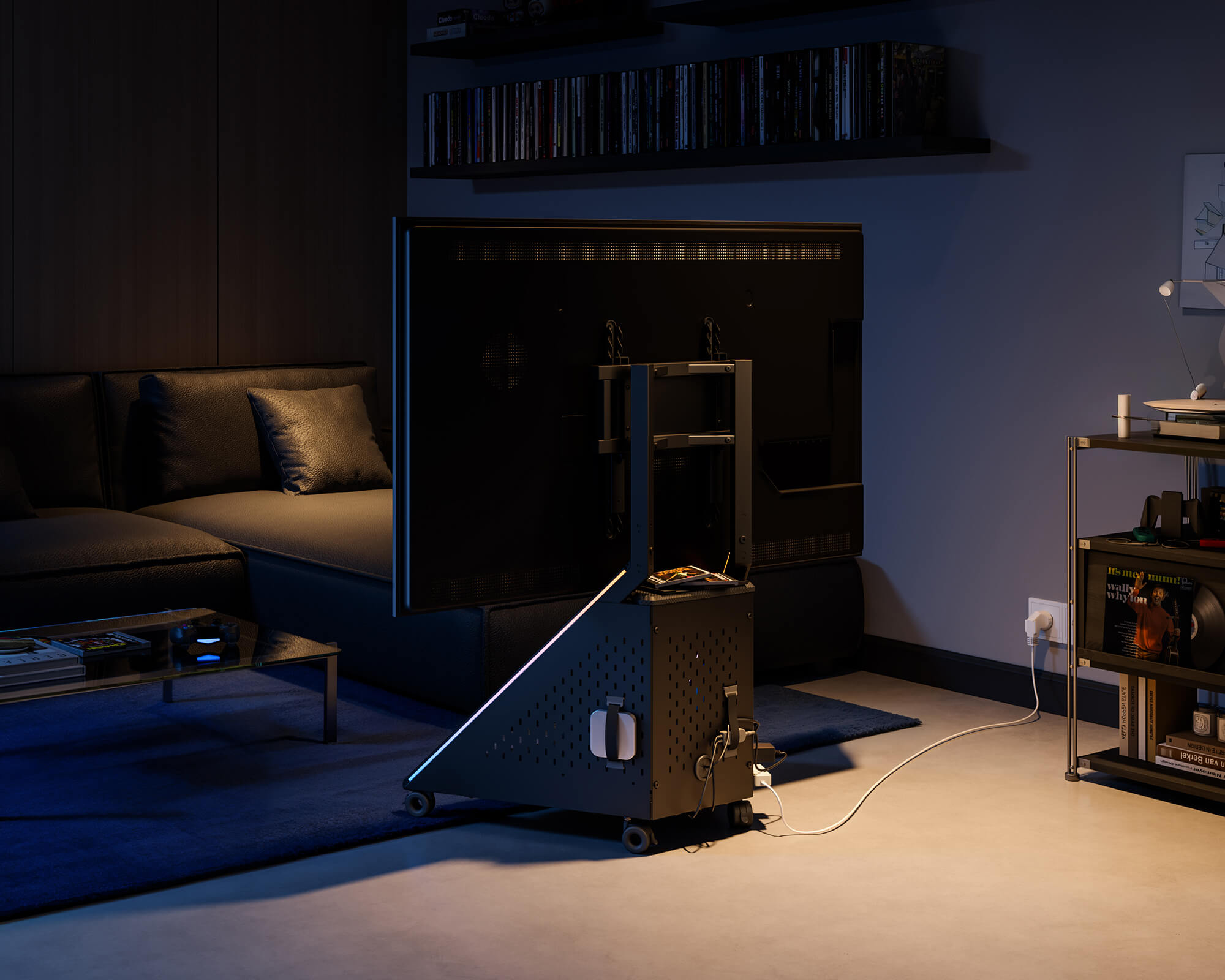 Gaming-TV-Standfuß mit Kabelmanagementsystem und Rollen