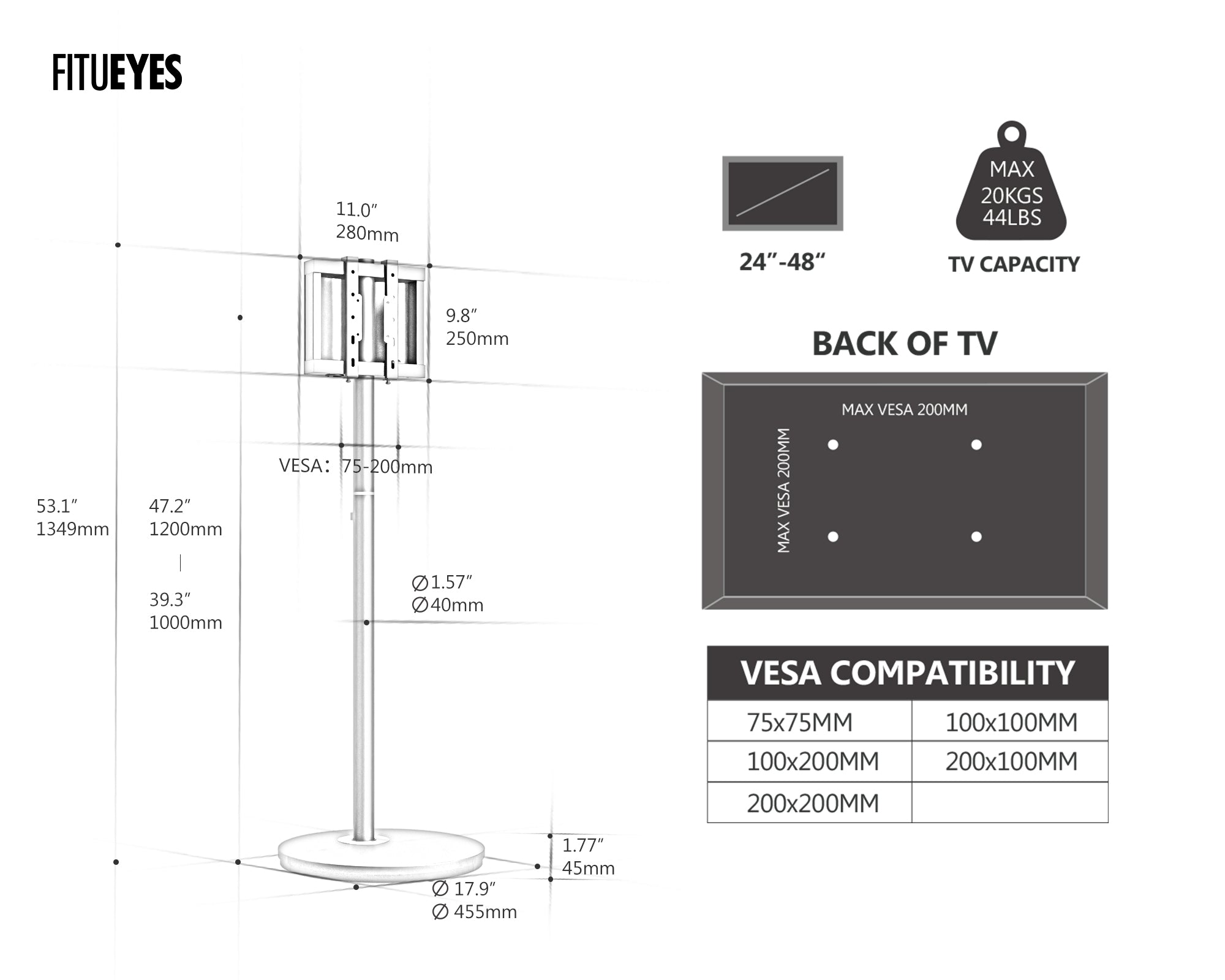 Master V2 FT48 Floor TV Stand with Wheels