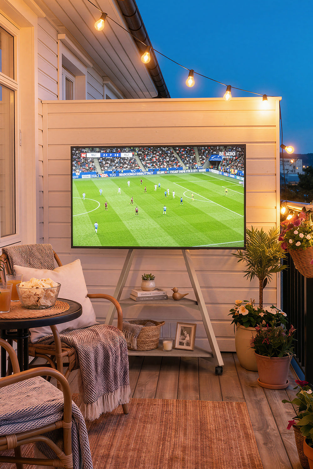 FITUEYES Eiffel Rollbarer TV-Ständer mit Ablage für den Balkon