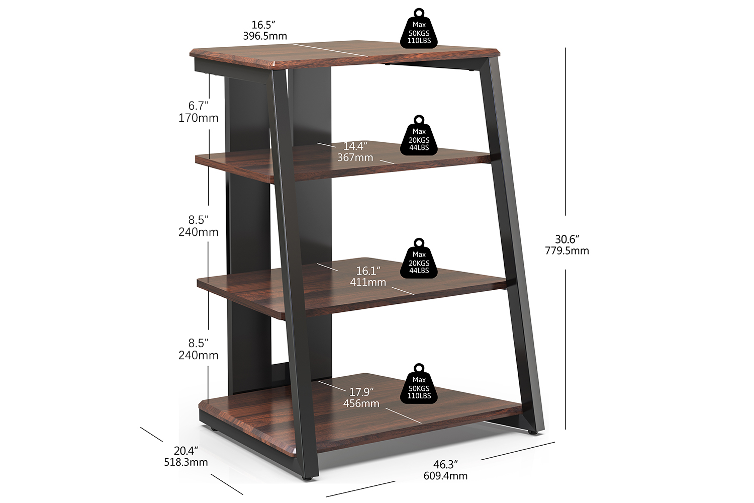 Bemaßte Ansicht des Audio Racks in Nussbaum mit vier Ebenen für die Lagerung