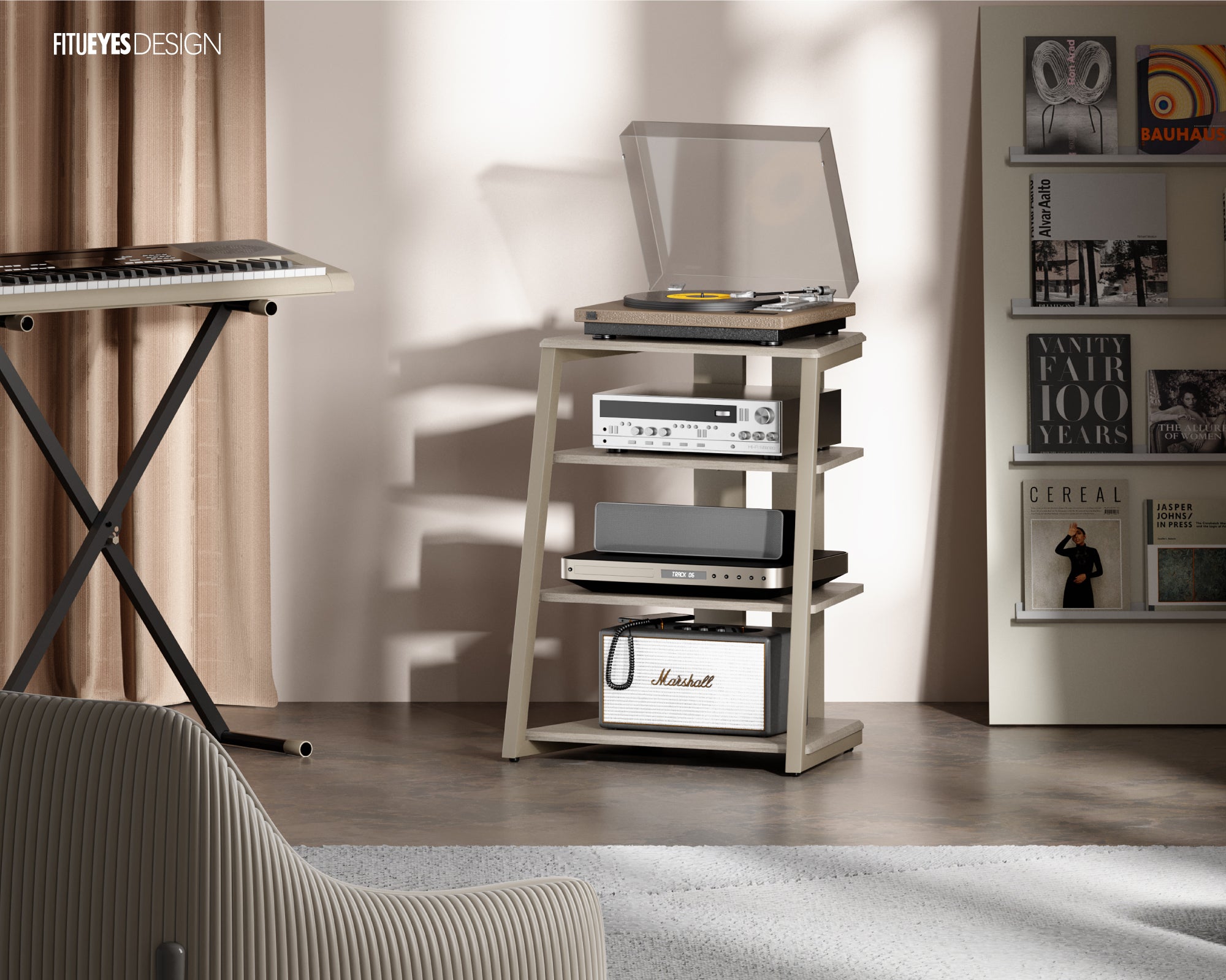 Kamelfarbenes Audio-Rack im Musikzimmer