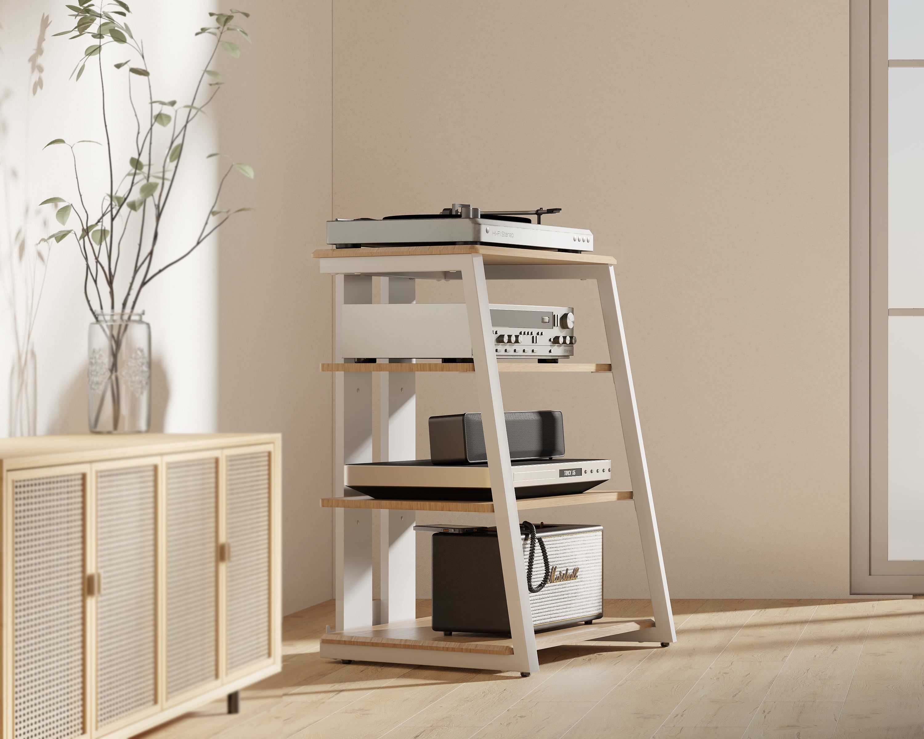 Naturholz Farbe Audio Rack in der Ecke