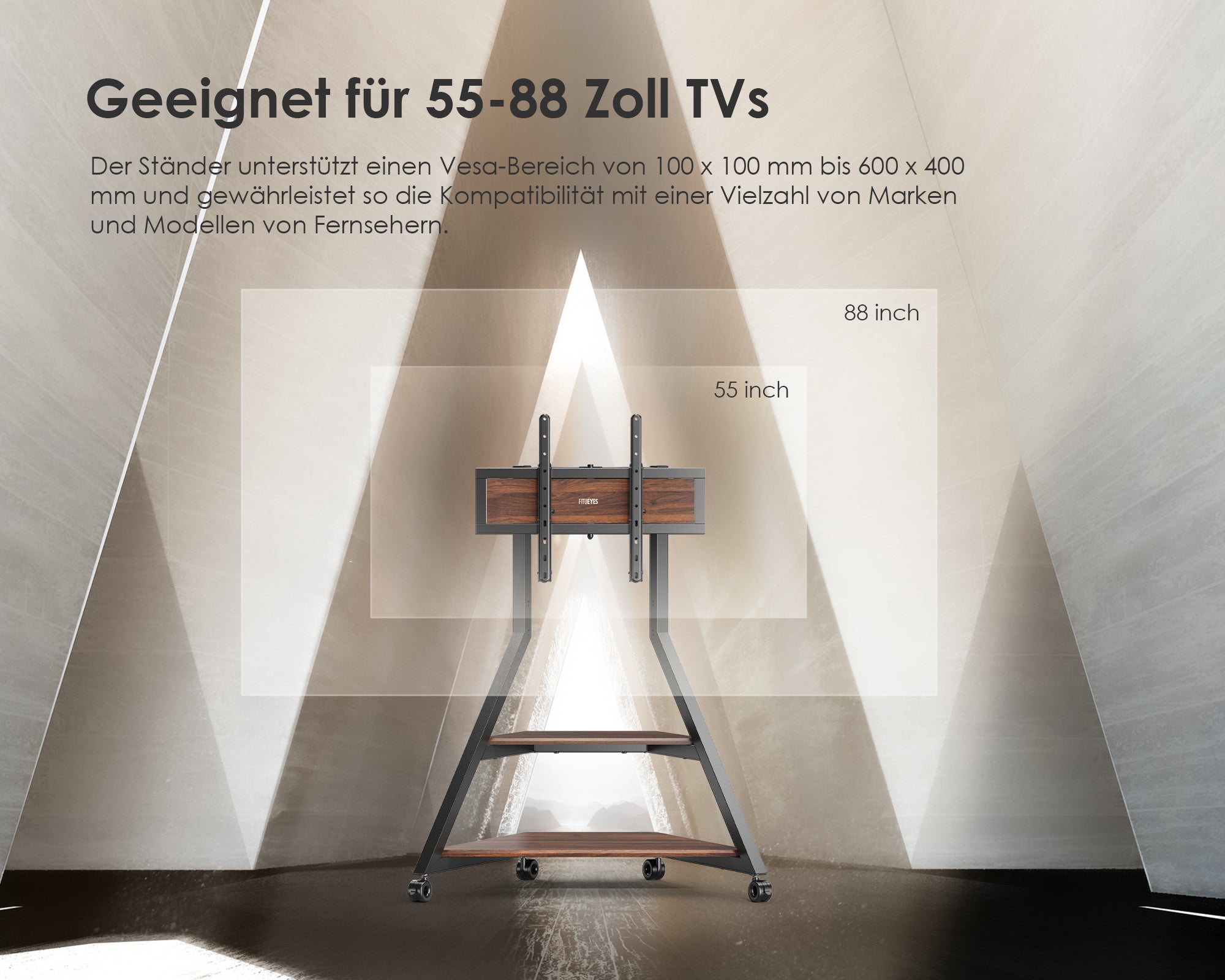 Eiffel TV-Ständer auf Rollen für 55 bis 88 Zoll Fernseher 