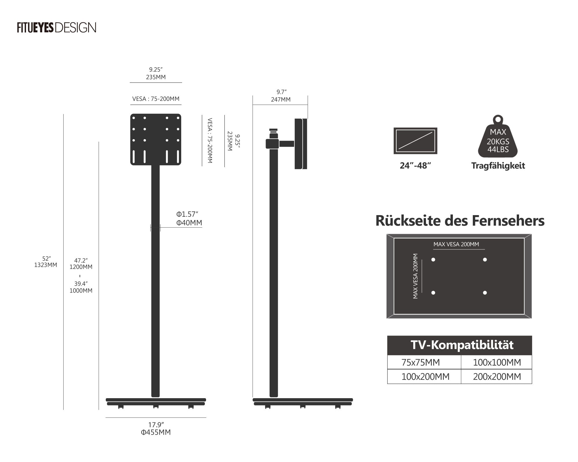 Master V2 PRO FT48 Floor TV Stand with Wheels