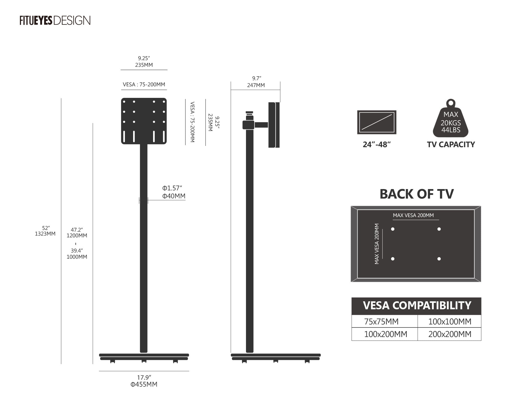 Master V2 PRO FT48 Floor TV Stand with Wheels