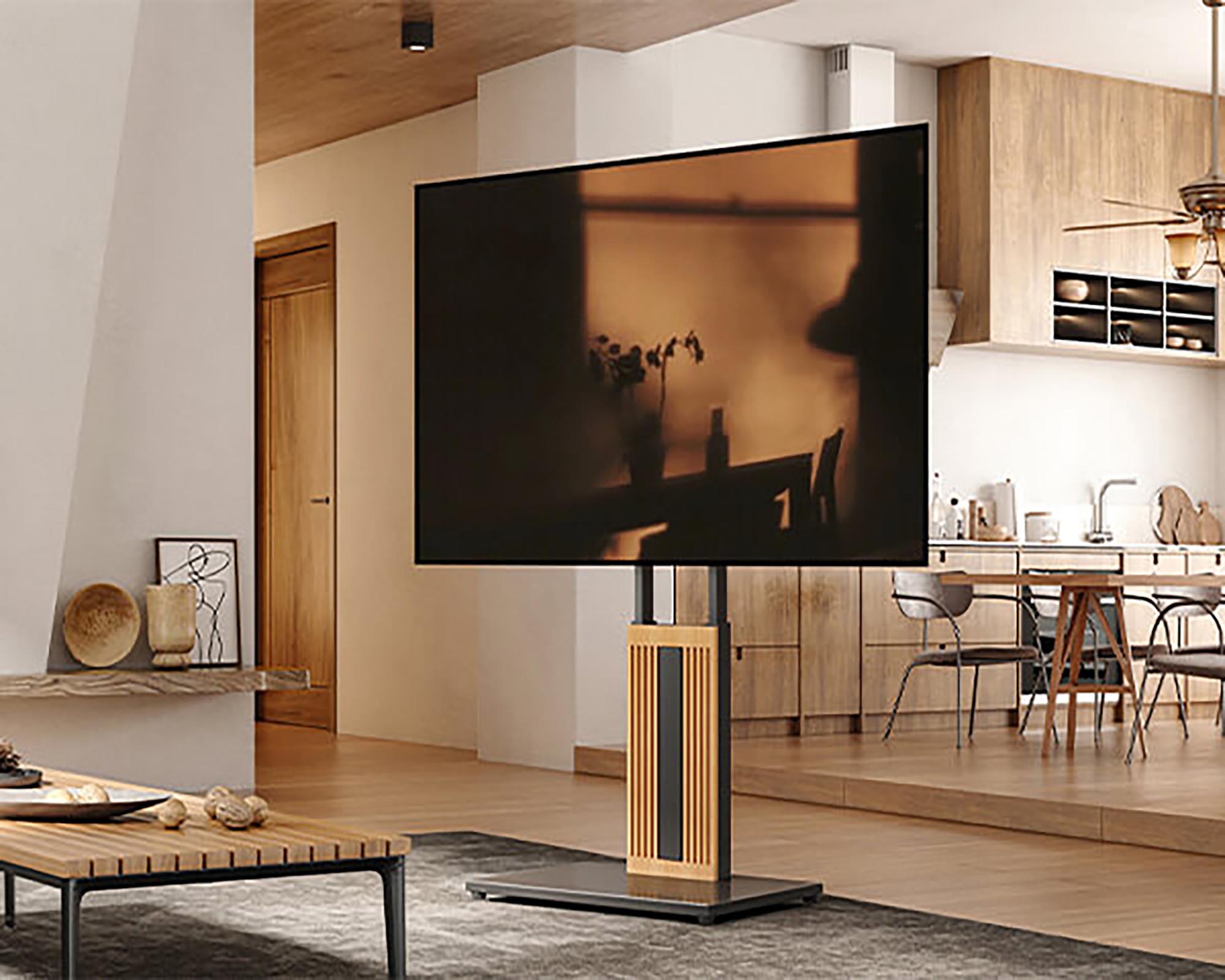 Schwarzer TV-Ständer aus Buchenholz auf dem Teppich im Wohnzimmer